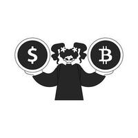 Inspirational woman holding bitcoin and dollar coin. Linear black and white style. vector