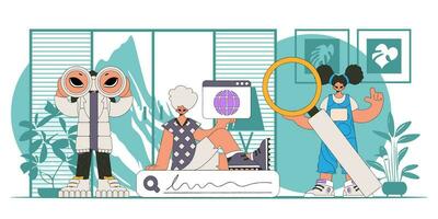 A team of people are looking for information. Bright and stylish illustration, Bright trendy character. vector