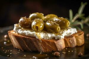 Olives toast, macro shot of a fresh breakfast, AI Generated photo