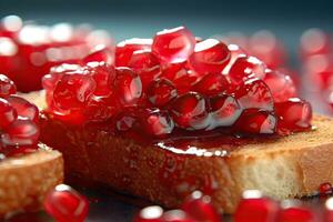 Pomegranate toast, macro shot of a fresh breakfast with Dripping Honey, AI Generated photo