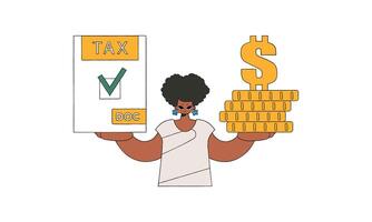 A cultured girl is holding a tax form and coins in her hands. The topic of paying taxes. vector