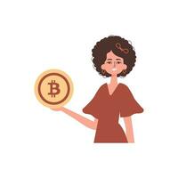 un mujer sostiene un bitcoin en su manos en el formar de un moneda. personaje en de moda estilo. vector