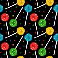 Seamless lollipop pattern on a candy stick, hand-drawn vector illustration with flat colored candies. Sweets with different images and flavors Lemon, cherry, apple, blueberry on a black background