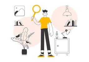 A man holds a magnifying glass in his hands. Search concept. Linear trendy style. . vector