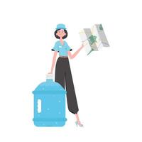 Girl water delivery operator holding a map. Cartoon style character depicted in full growth. Isolated on white background. . vector