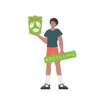 The guy is depicted in full growth and holds an urn in his hands. The concept of ecology and recycling. Isolated on white background. illustration Flat trendy style. vector