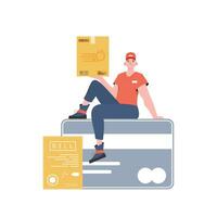 A male courier sits on a bank card and holds a box. Home delivery concept. Isolated. trendy style. Vector. vector