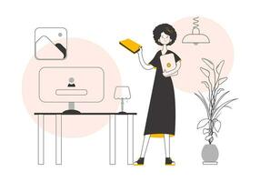 The girl is holding a book and a laptop in her hands. Lines modern style. Vector illustration.