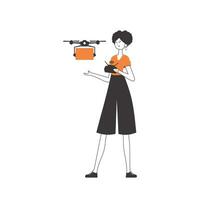 The girl sends a parcel with a drone. Drone delivery concept. Linear trendy style. Isolated on white background. Vector illustration.