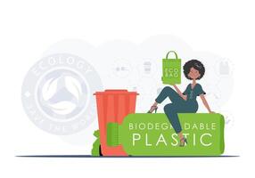 Concept of green world and ecology. A woman sits on a bottle made of biodegradable plastic and holds an ECO BAG in her hands. Fashion trend illustration in . vector