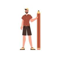 The guy is holding a pencil. Modern style character. vector