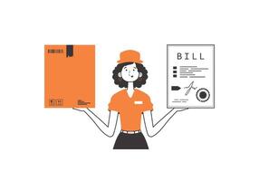 The girl holds a parcel and a check in her hands. Delivery concept. Linear style. Isolated on white background. illustration. vector