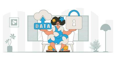 Girl with modern vector style, featuring cloud storage and padlock.