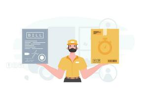 Home delivery concept. The male courier is holding a box and a check. Cartoon style. Vector. vector