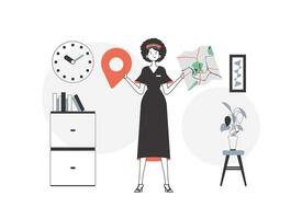 The woman is holding a map. Delivery concept. Linear style. vector