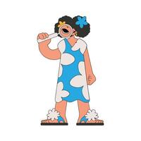 A woman holds a magnifying glass in her hands. Search for information. Linear retro style character. vector