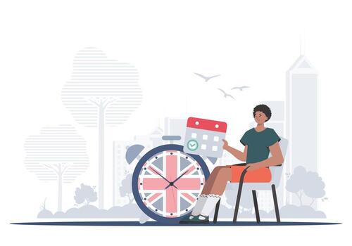 The concept of teaching English. A man, a calendar with a marked date and a clock. trendy style. illustration. vector