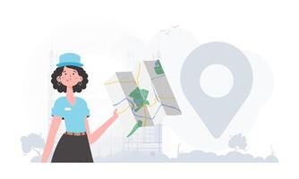 The girl is holding a map. The character is depicted to the waist. . vector