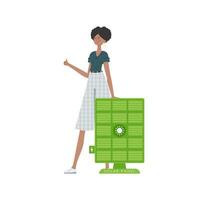 A woman is standing near a solar panel. Green energy concept. Isolated. trendy style. Vector illustration.