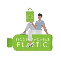 A man sits on a bottle made of biodegradable plastic and holds an ECO BAG in his hands. Concept of green world and ecology. Isolated on white background. Fashion trend illustration in . vector