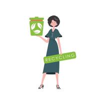 The woman is depicted in full growth and holds a trash can in her hand. The concept of ecology and recycling. Isolated. Trendy character style. Vetcor. vector