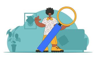 The concept of searching for information. The guy is holding a magnifying glass in his hands. Linear retro style character. vector