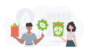 Concept of green world and ecology. EKO is a team of people who care about the environment. Trend style. illustration. vector