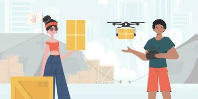 The theme of humanitarian aid. The quadcopter is transporting the parcel. Man and woman with cardboard boxes. Vector. vector