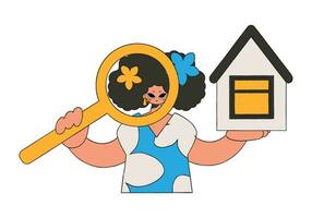 Real estate realtor woman holding house and magnifying glass. Home ownership. vector