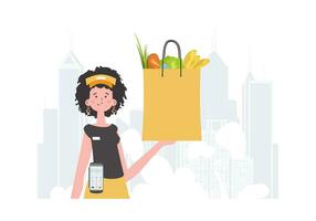 Home delivery concept. A woman delivers a package of products. Cartoon style. Vector. vector