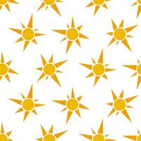 Vector hand-drawn seamless pattern, sunny background, sunny drawings isolated on white background, yellow geometric elements, sunrise, nature background. Packaging, label of products from the sun