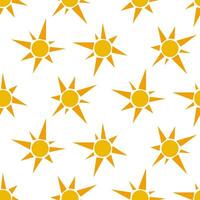 Vector hand-drawn seamless pattern, sunny background, sunny drawings isolated on white background, yellow geometric elements, sunrise, nature background. Packaging, label of products from the sun