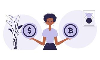 Bitcoin mining concept. A woman holds a bitcoin and a dollar in her hands. Character in trendy style. vector