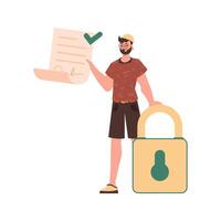 A man is holding a contract or document. Data protection concept. Smart contract. Modern style character. vector