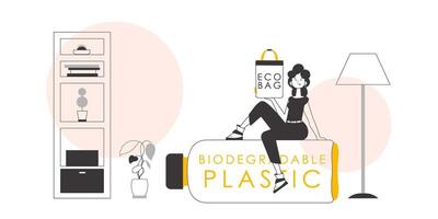 ecología conservación concepto. un mujer sostiene un paquete ecológico en su manos. lineal de moda estilo. vector