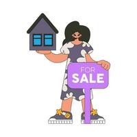 Realtor girl holding a house. Real estate home property. vector