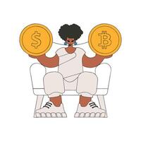 A woman holds a coin of bitcoin and dollar in her hands. Rentro style character. vector