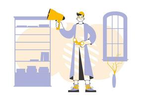 The guy holds a mouthpiece and binoculars in his hands. Job Search Theme. H.R. Linear trendy style. vector