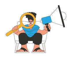 An attractive guy sits in a chair and holds a megaphone. Suitable for use in communications or protest thematic projects. vector