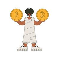 Woman holding dollar and bitcoin. Rentro style character. vector