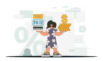 Fashionable woman holding a tax form and coins in her hands. An illustration demonstrating the importance of paying taxes for economic development. vector