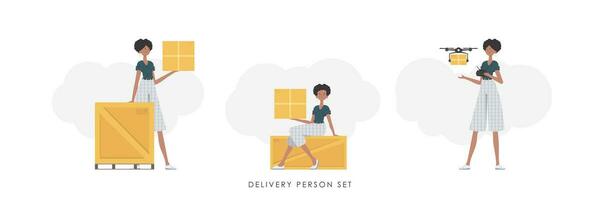 Set of a girl with a box and a parcel. The concept of cargo delivery. Trendy flat style. Vector illustration.