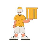 Charming man holding a box in his hands. Parcel and cargo transportation. vector