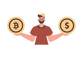 The guy holds a bitcoin and a dollar in his hands. Character in trendy style. vector