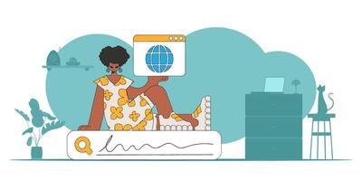 The concept of searching for information. A woman sits on a search bar and holds a web browser in her hands. Linear retro style character. vector