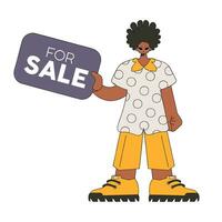 The boy is holding a sign For Sale. Attractive bright style. vector