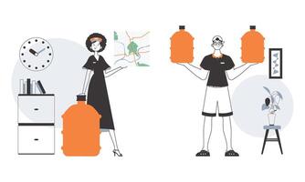 Water delivery concept. The girl and the guy deliver water to the house. Linear trendy style. vector