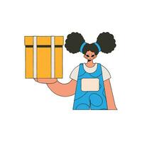 Charming girl holds a box in her hands. Understanding the process of parcel and cargo delivery. vector