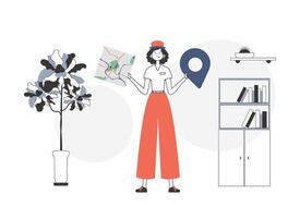 Girl with a map in her hands. Delivery concept. Linear style. vector