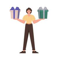 The man is holding a gift. Modern flat colorful vector illustration.